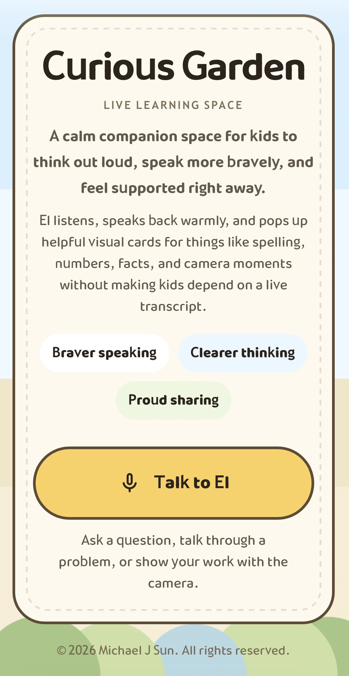 Curious Garden entry point screen with Talk to El button