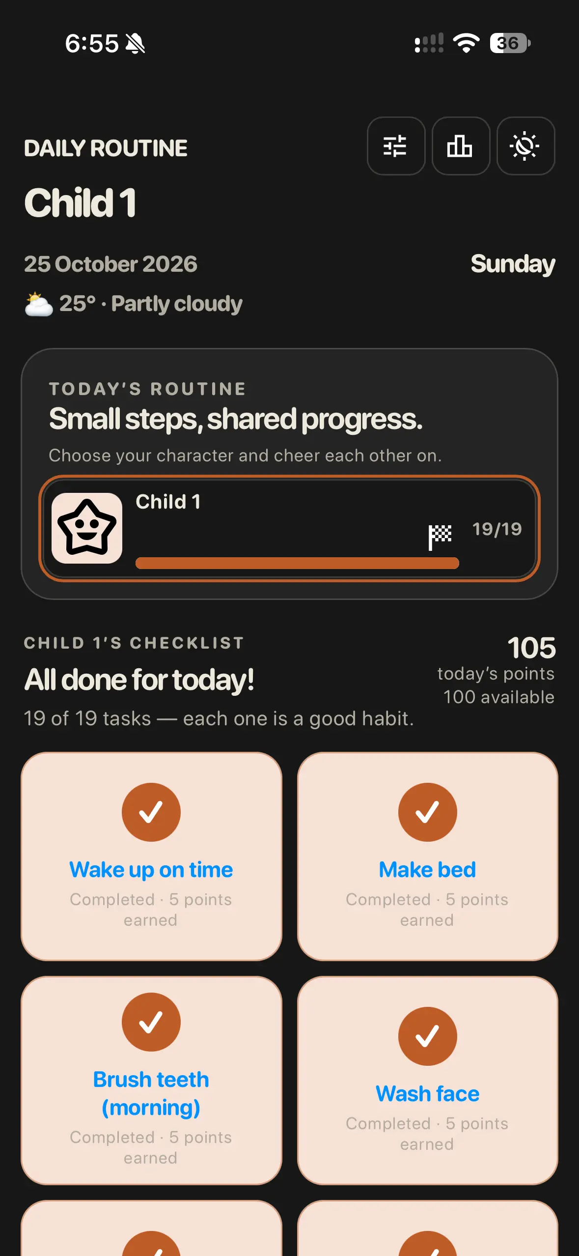 Routine in dark mode with all daily tasks completed