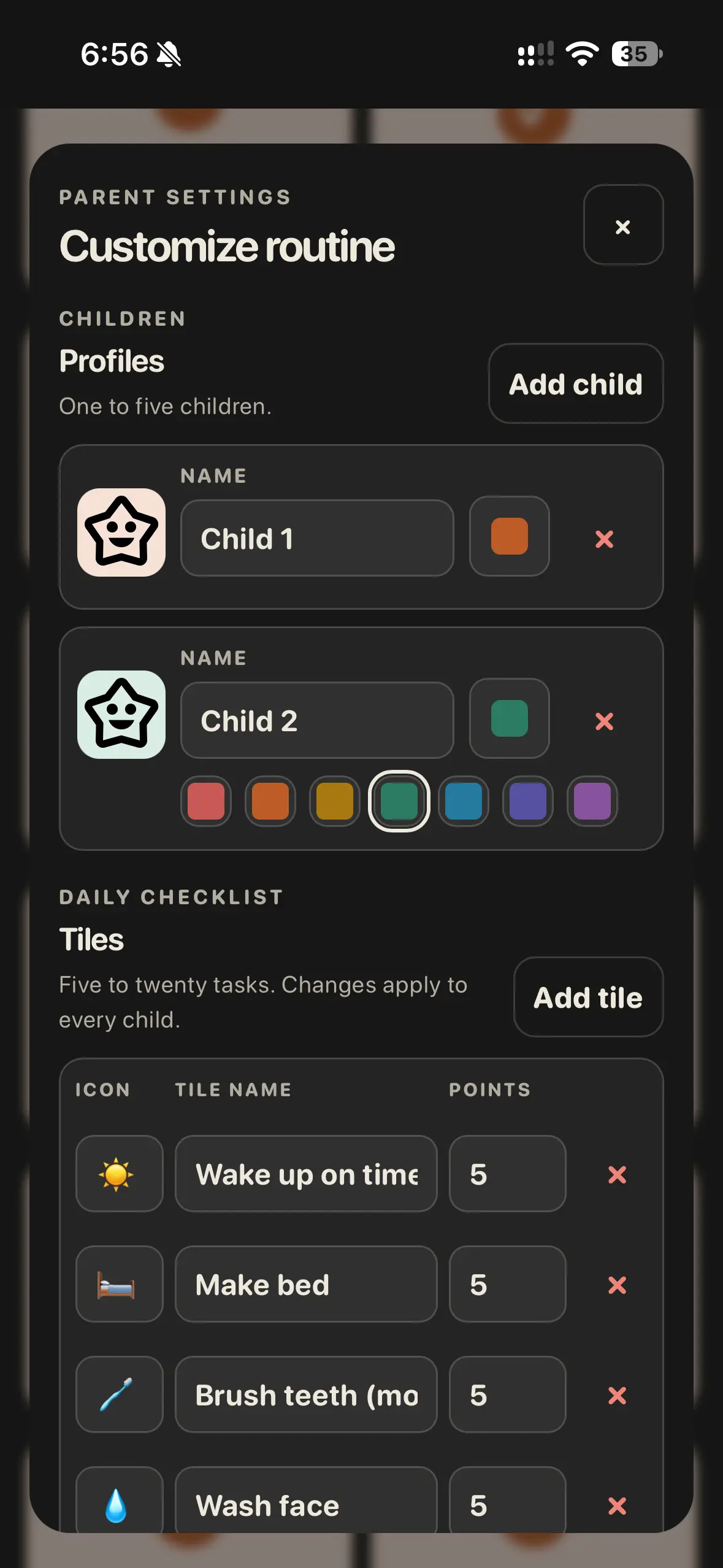 Routine parent settings for customizing the daily routine