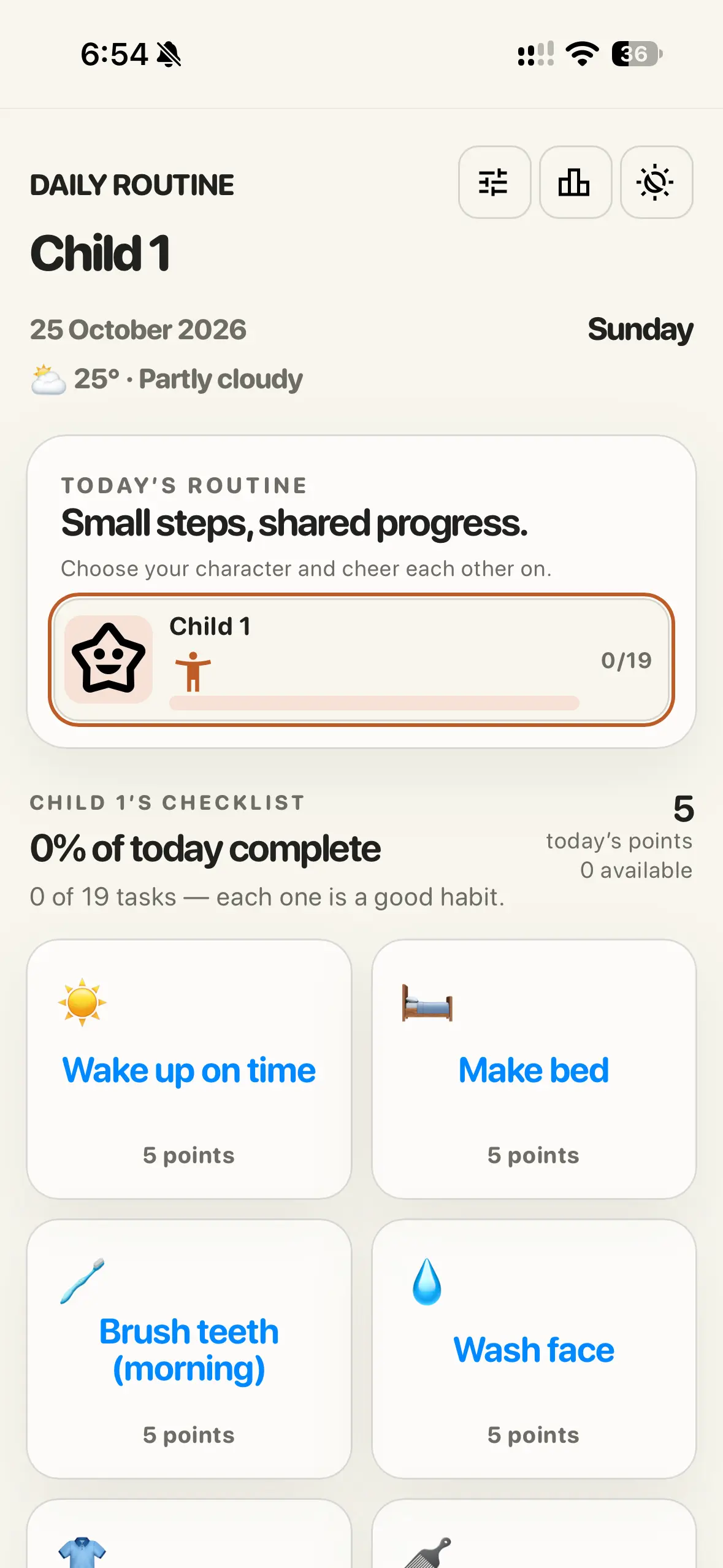 Routine home screen showing the start of a daily task list
