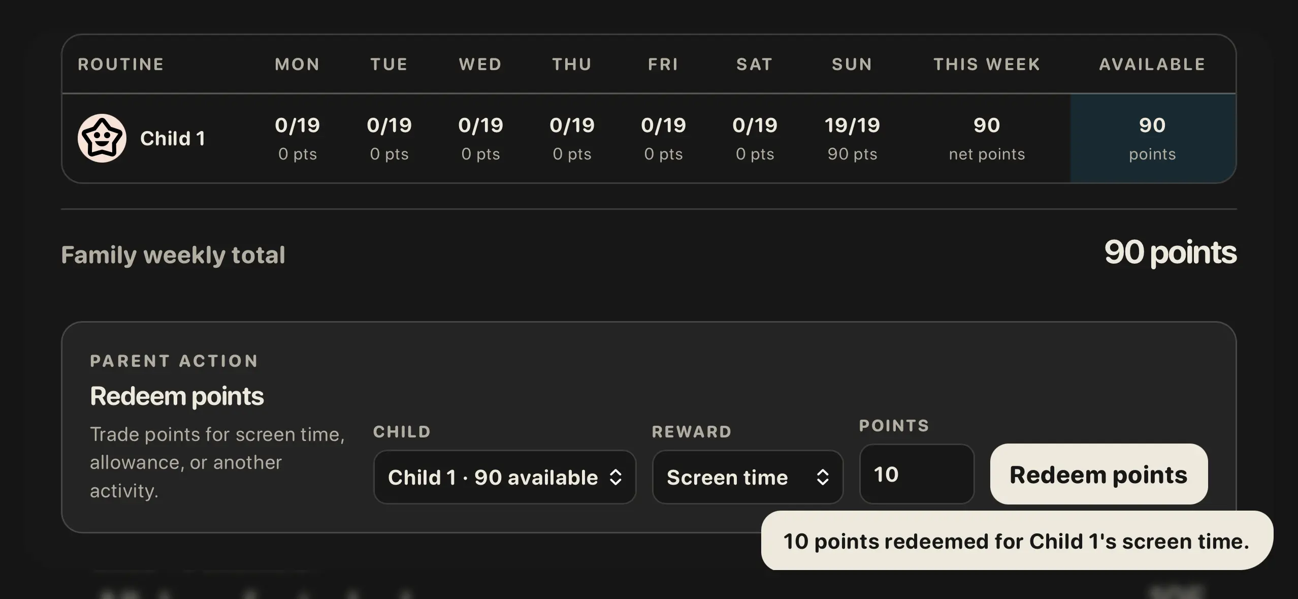 Routine points redemption view in landscape orientation