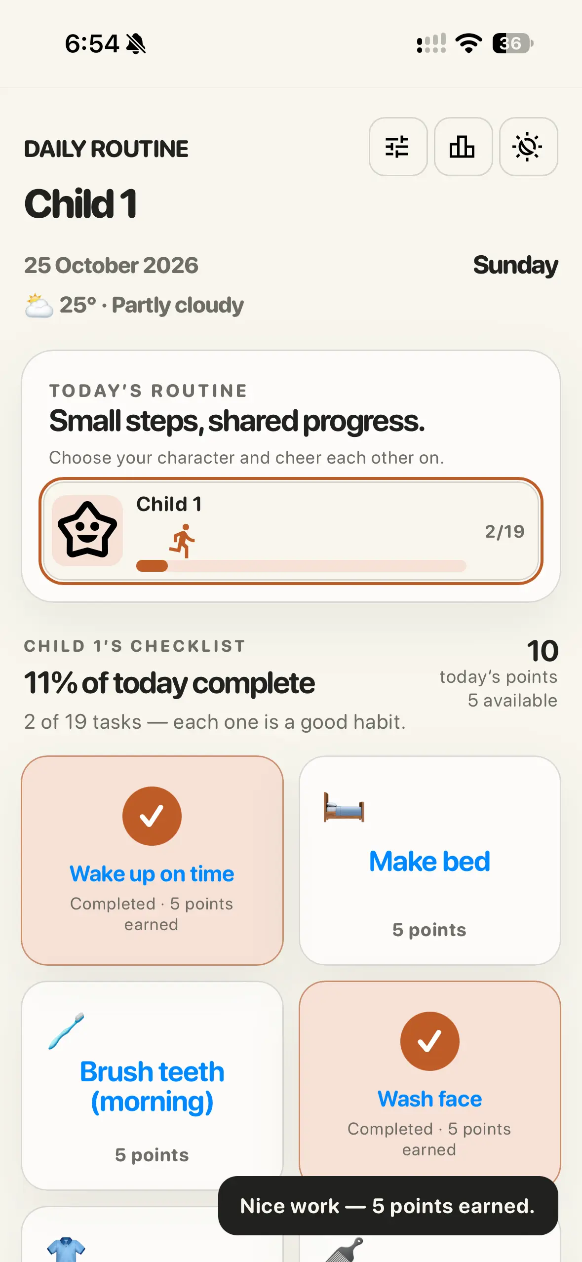 Routine daily checklist with two completed tasks