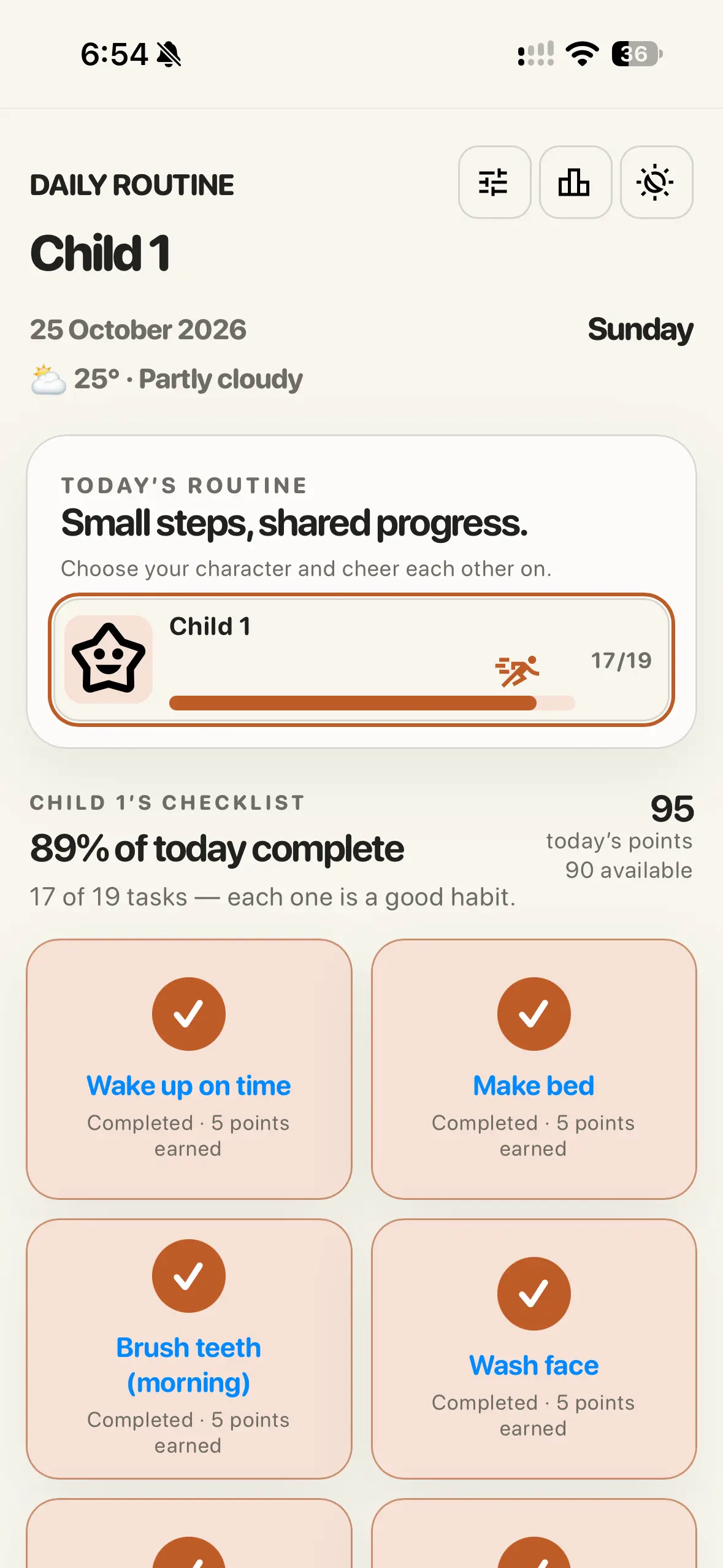 Routine daily checklist with two tasks remaining
