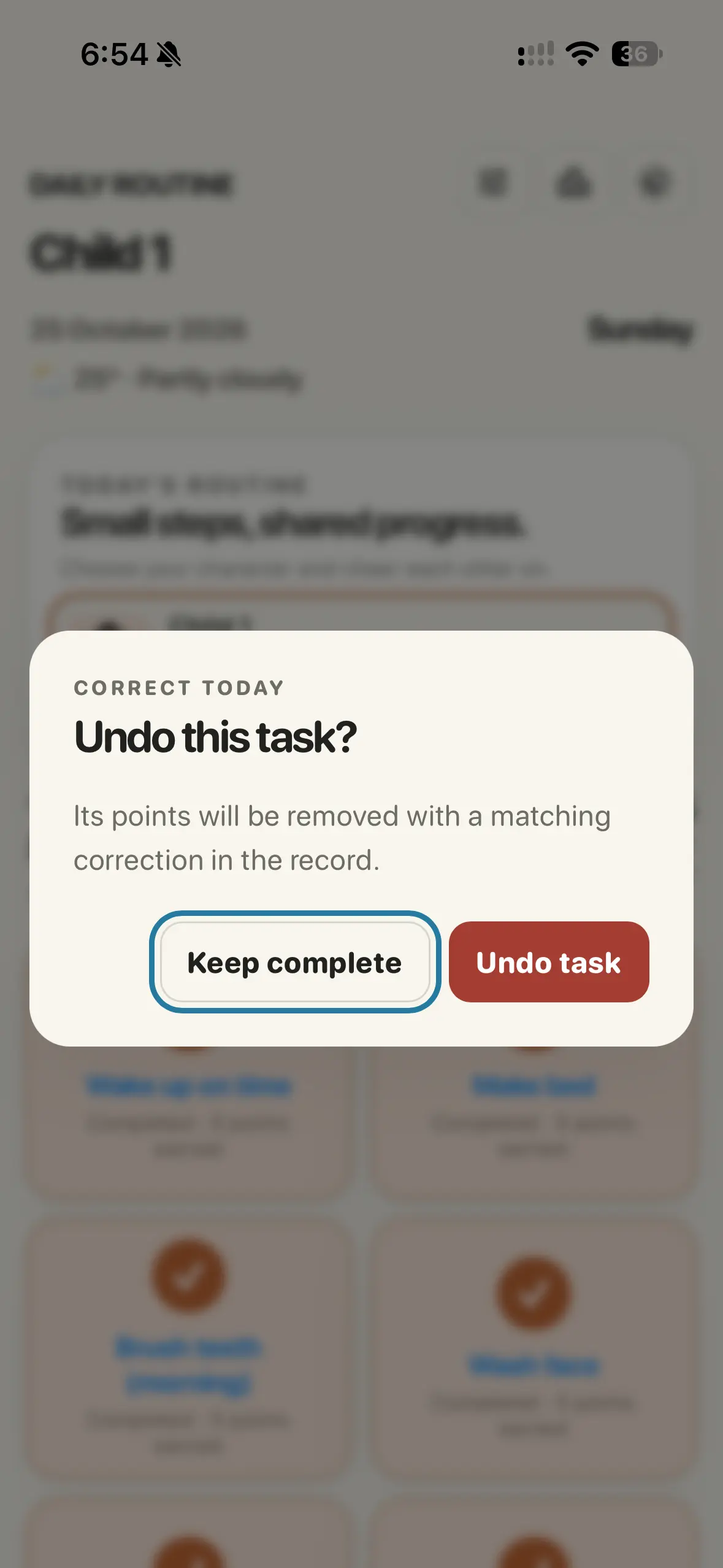 Routine confirmation dialog for undoing a completed task