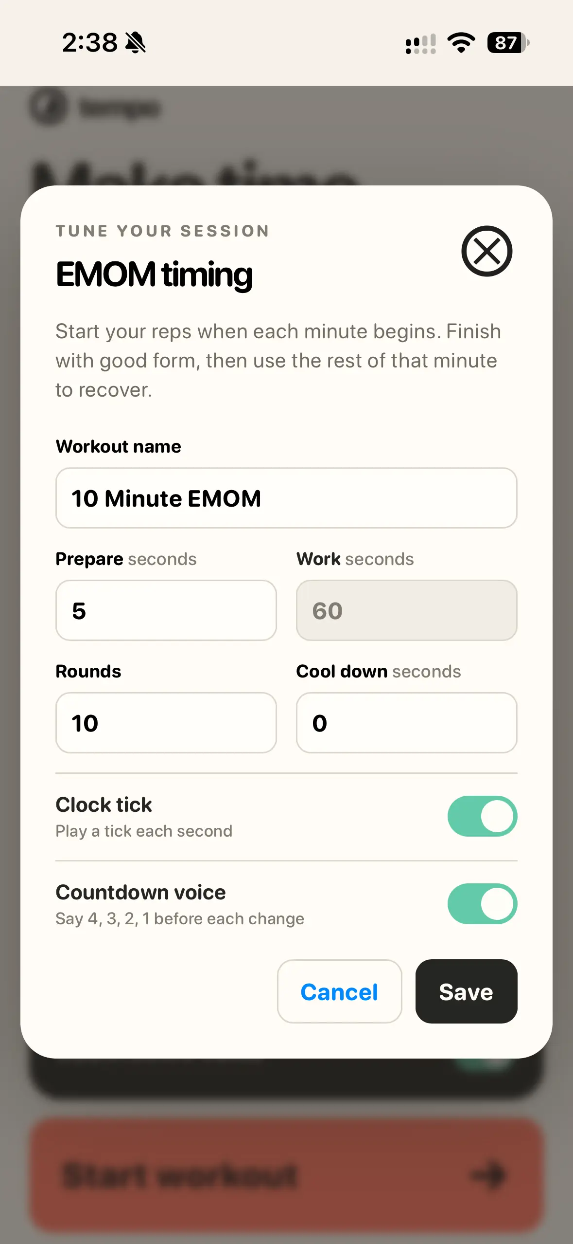 Tempo custom EMOM interval editor