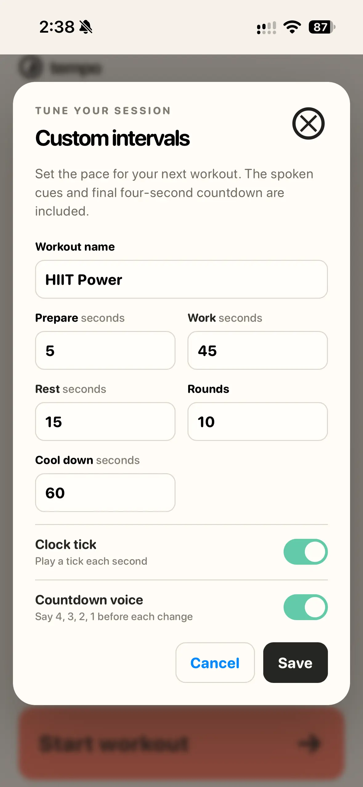 Tempo custom HIIT interval editor