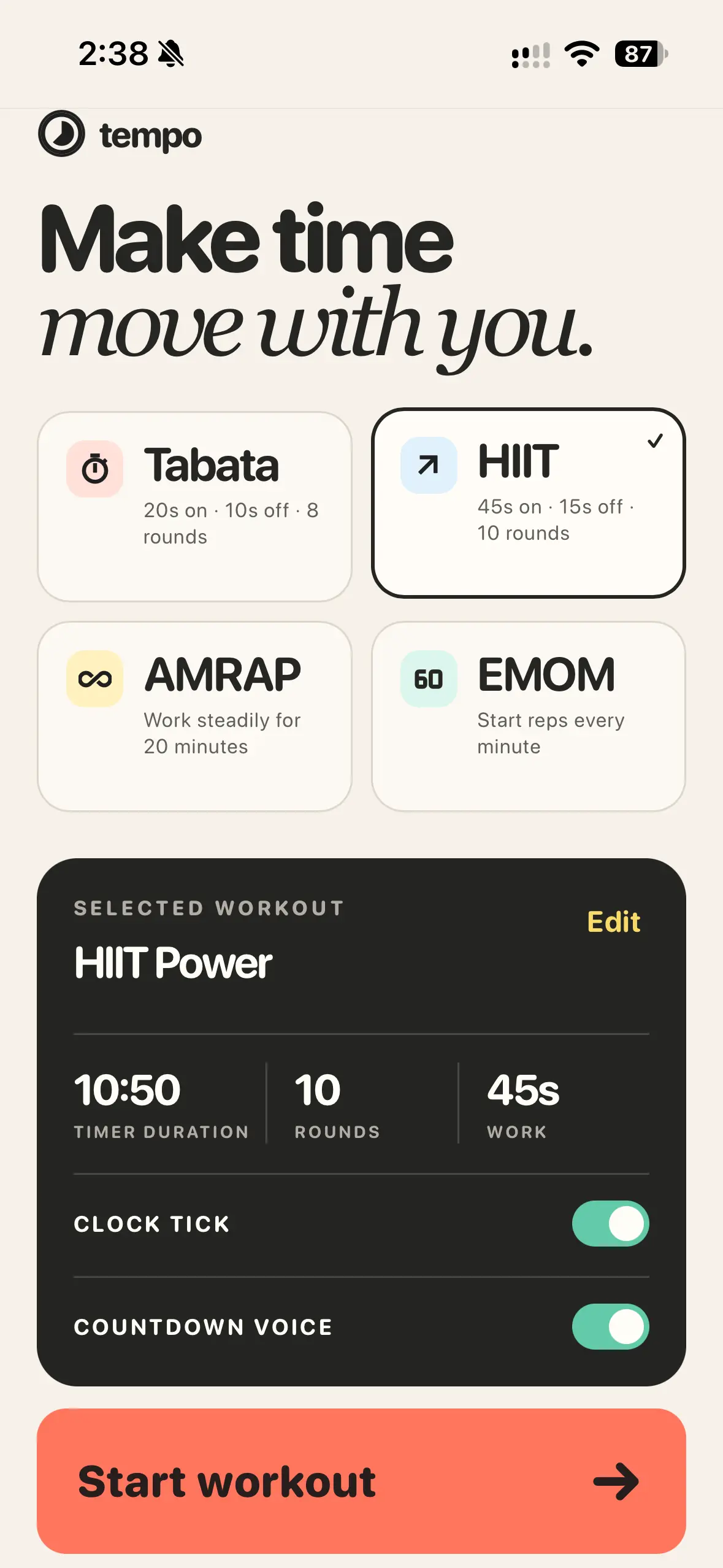 Tempo home screen on a phone