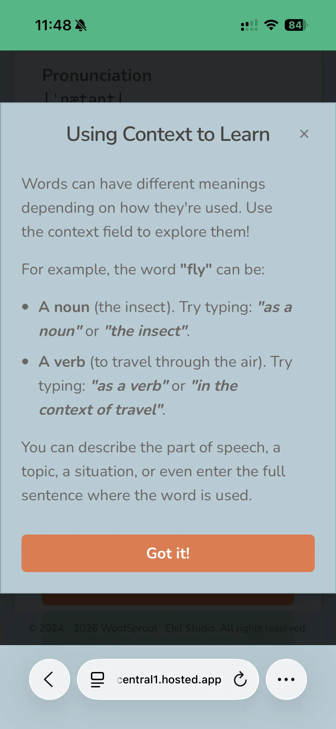 WordSprout V2 contextual word lookup help screen