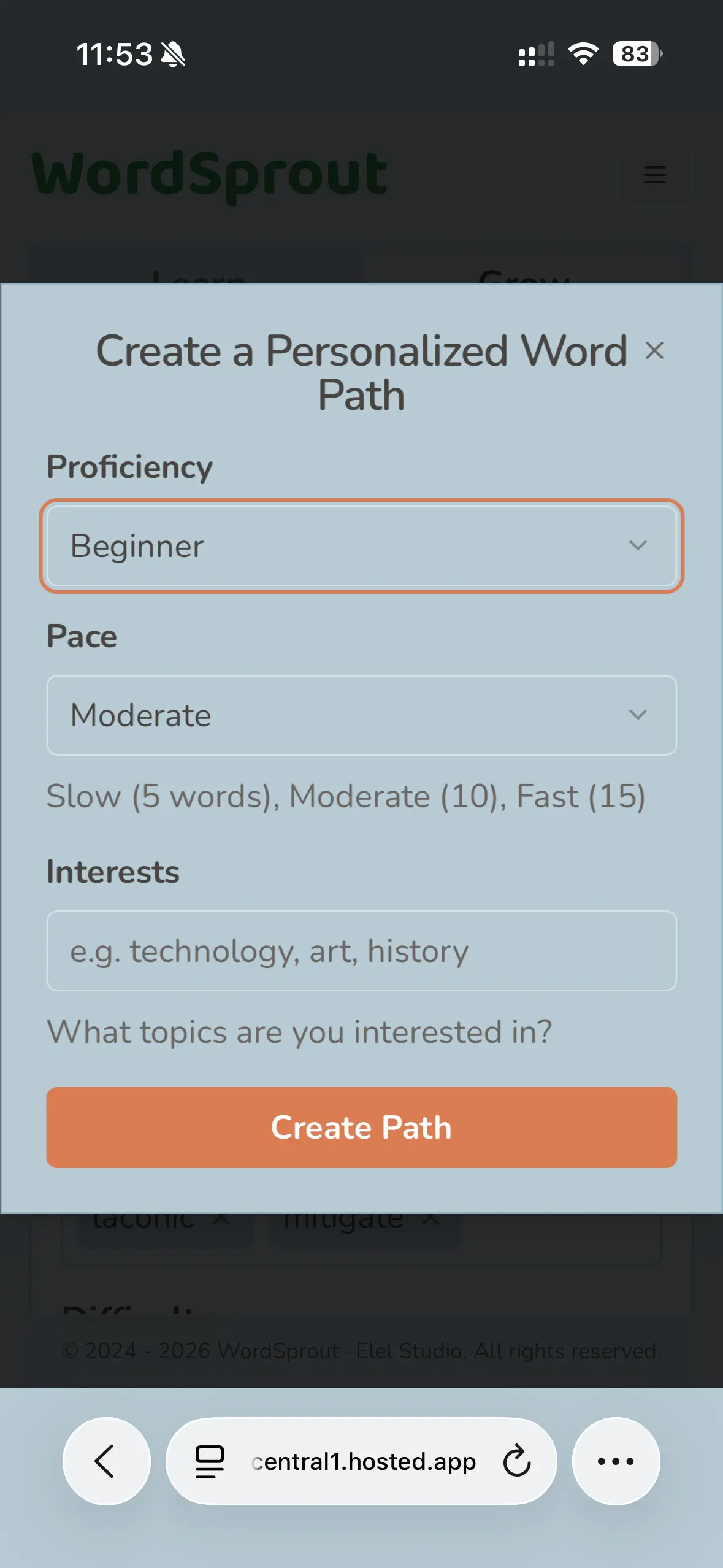 WordSprout V2 learning path creation screen