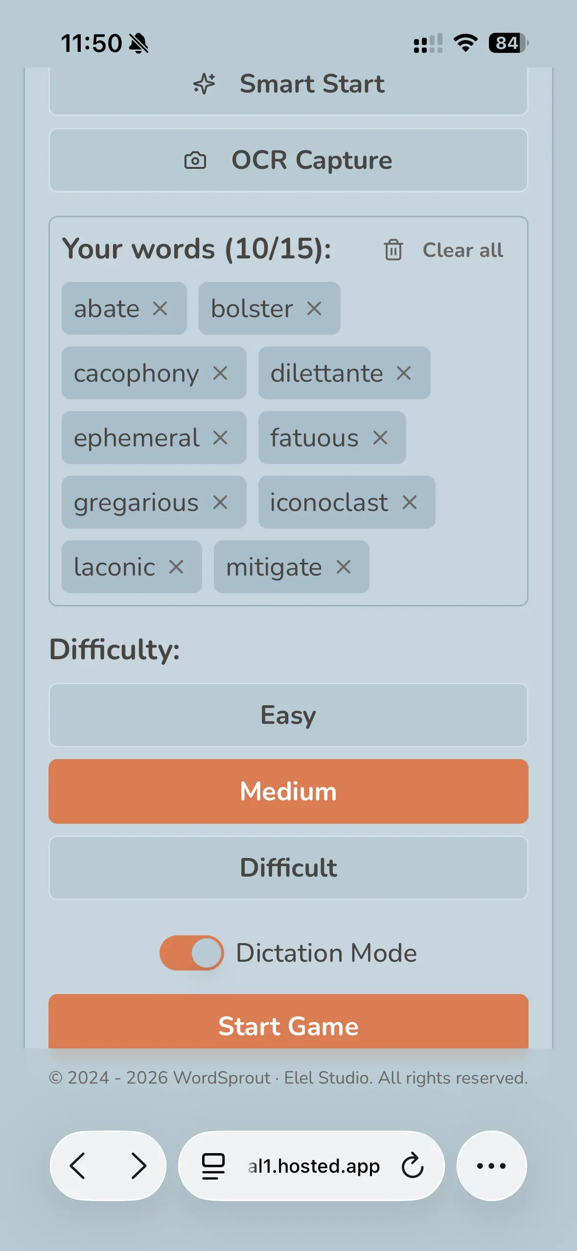 WordSprout V2 vocabulary game screen