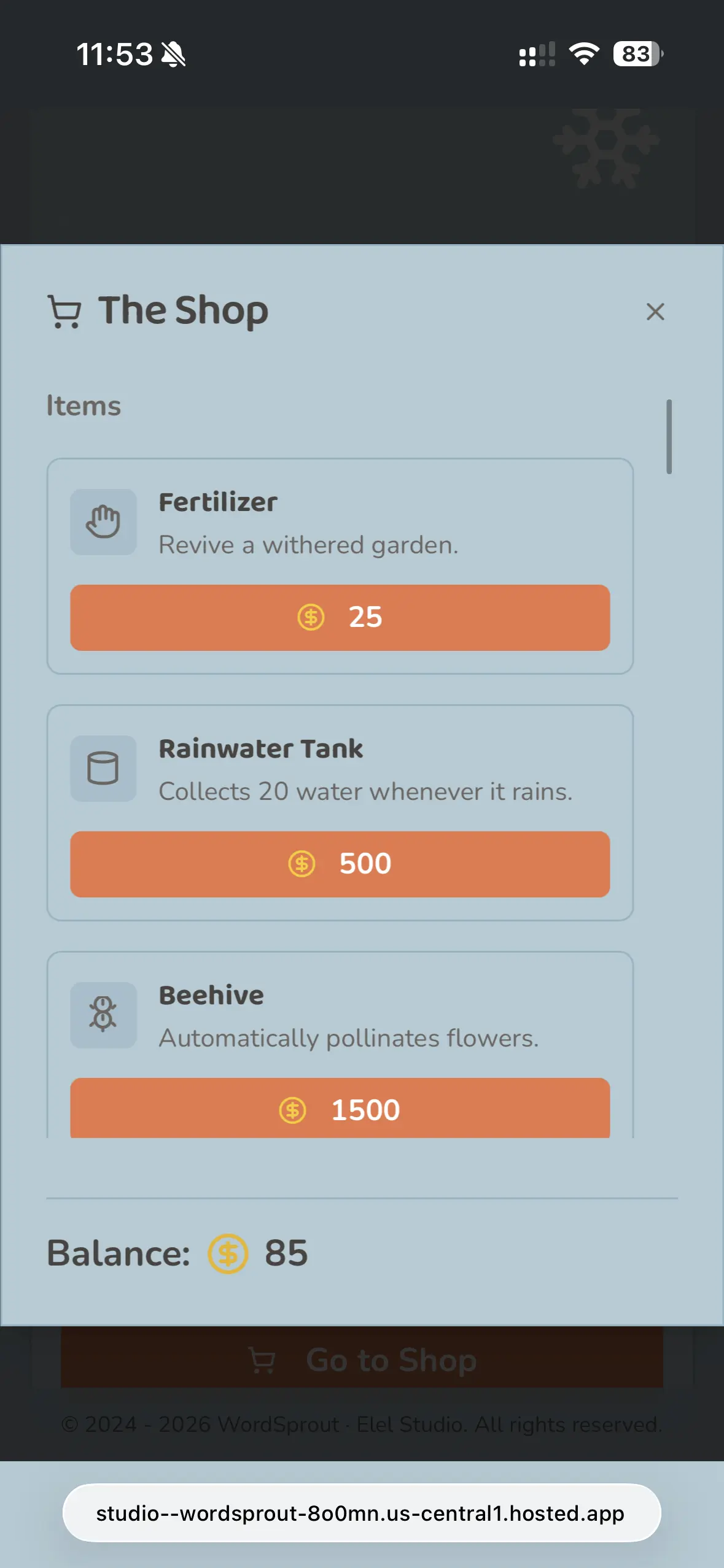 WordSprout V2 garden item shop screen