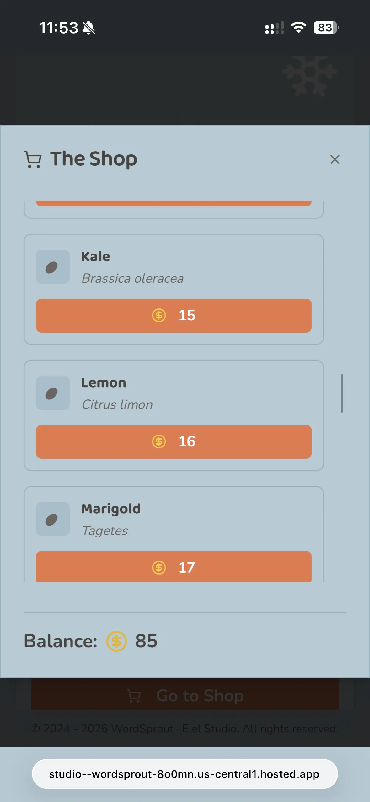 WordSprout V2 garden seed shop screen
