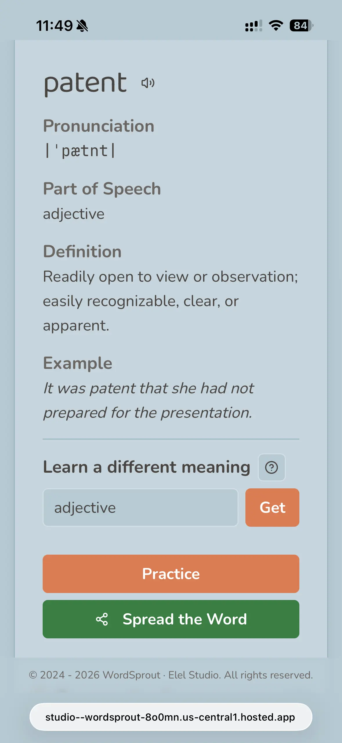 WordSprout V2 alternative word meaning lesson screen