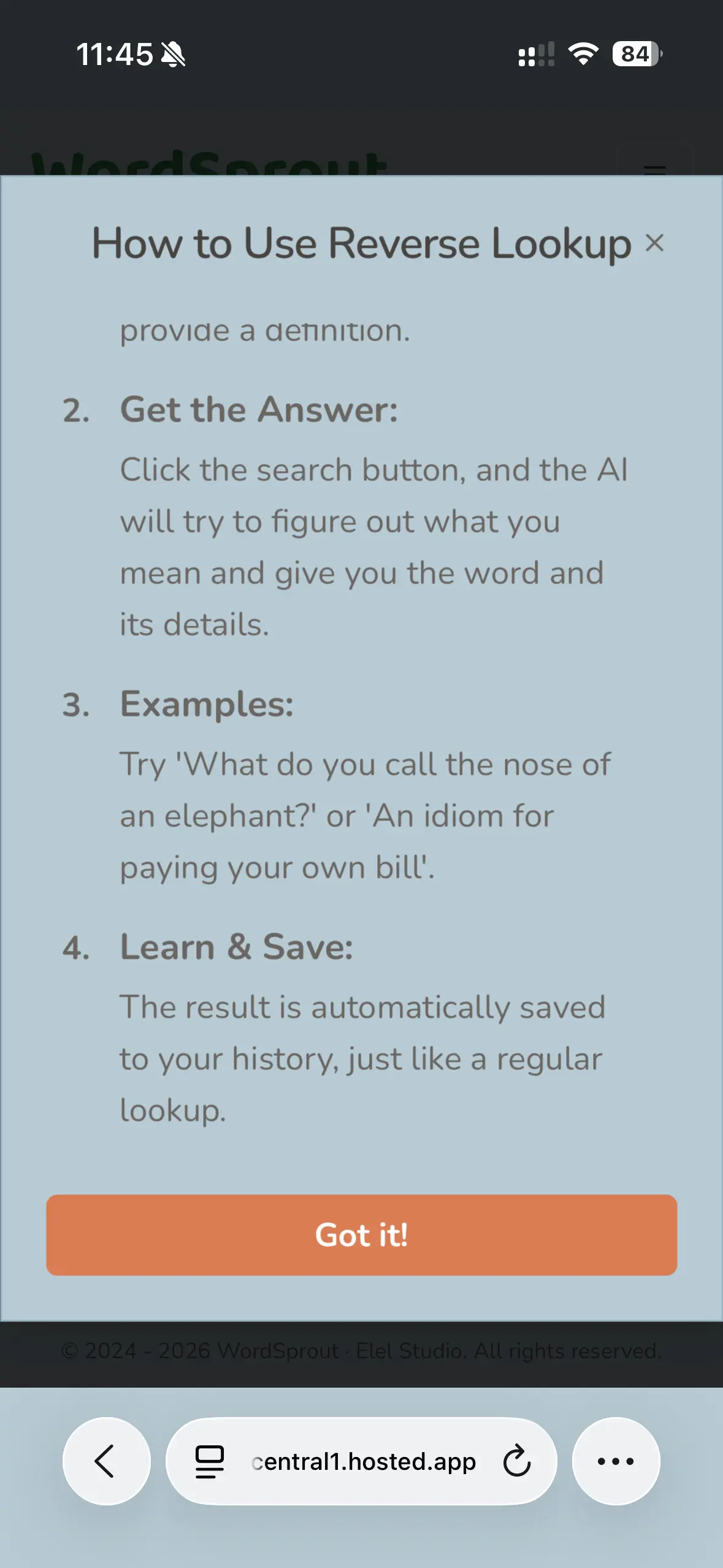 WordSprout V2 reverse lookup help screen