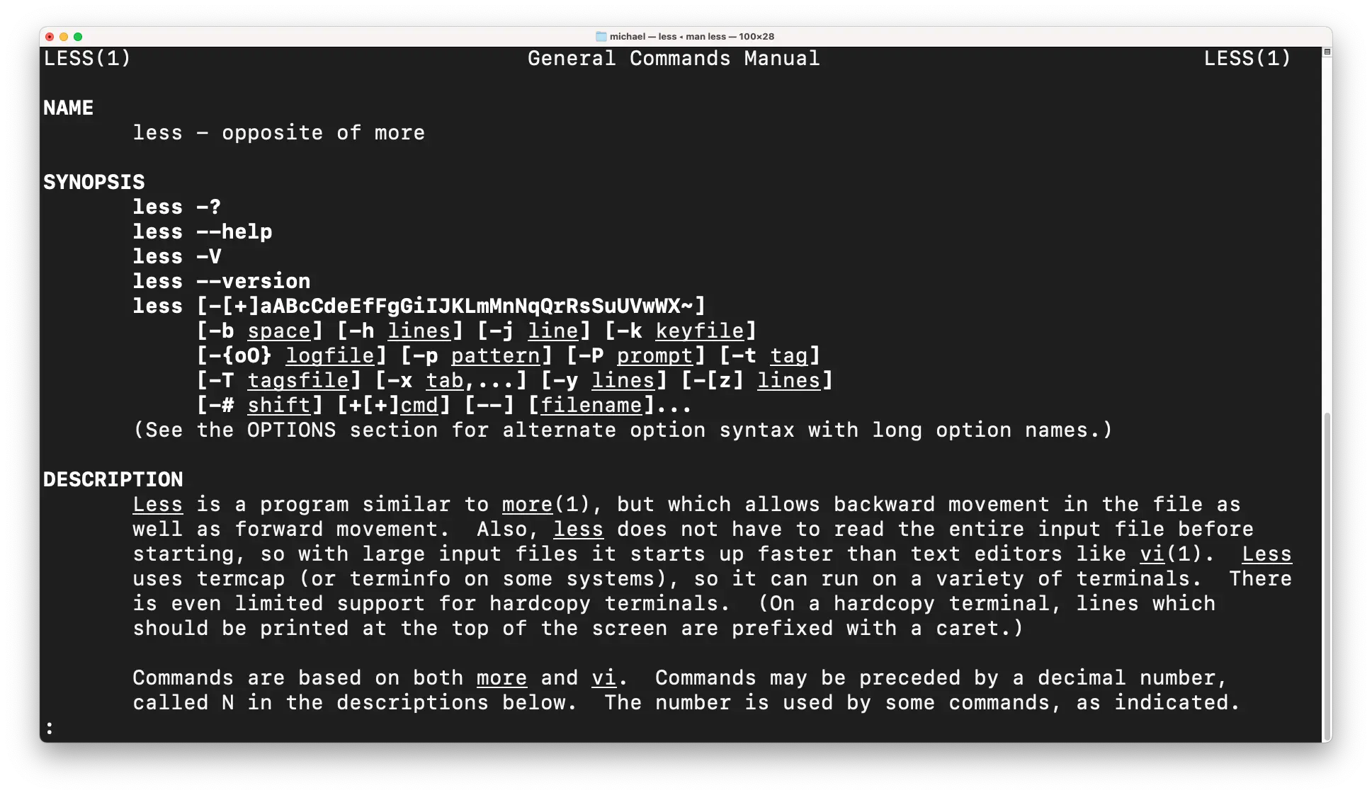Terminal manual page for the Unix less command