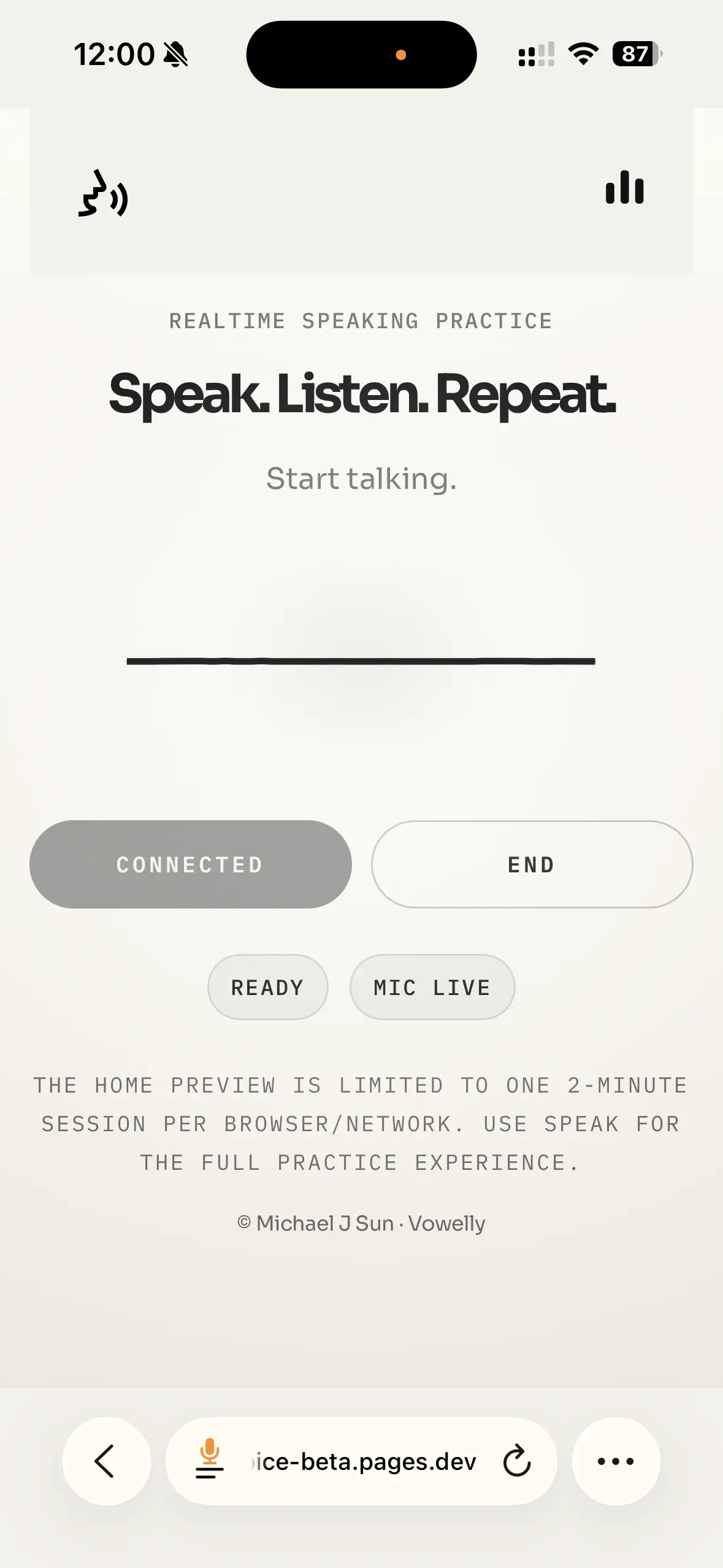 Vowelly talking ready screen