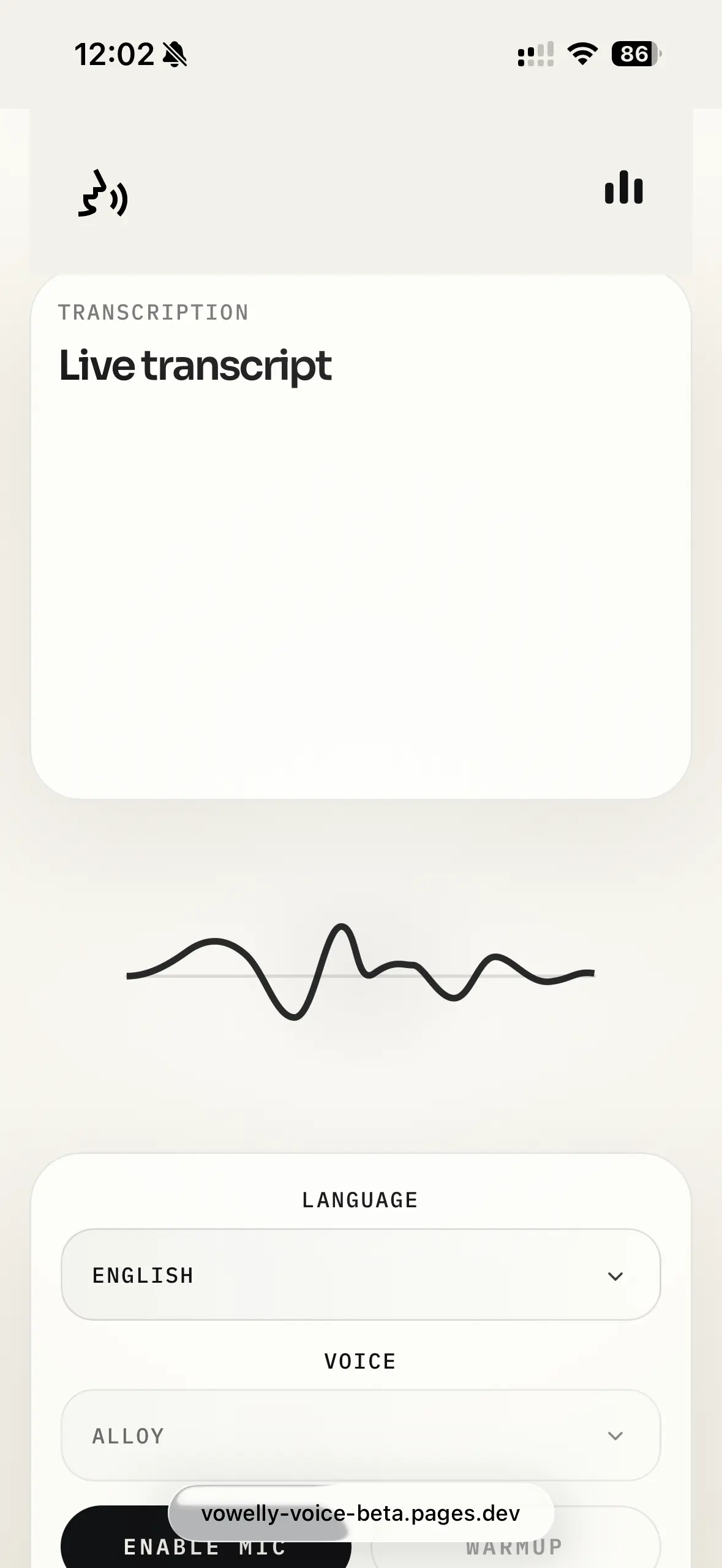 Vowelly live transcript screen