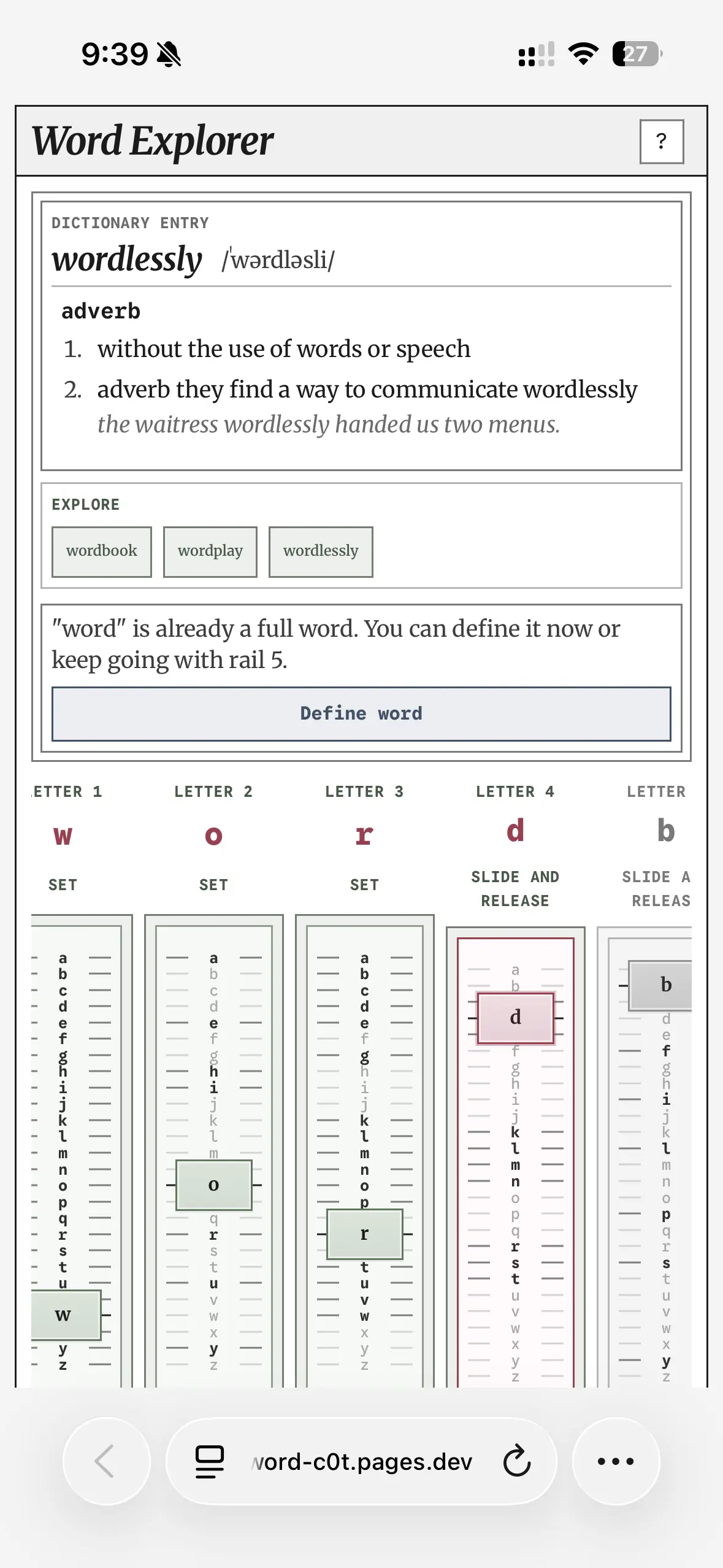 Word Explorer active exploration state