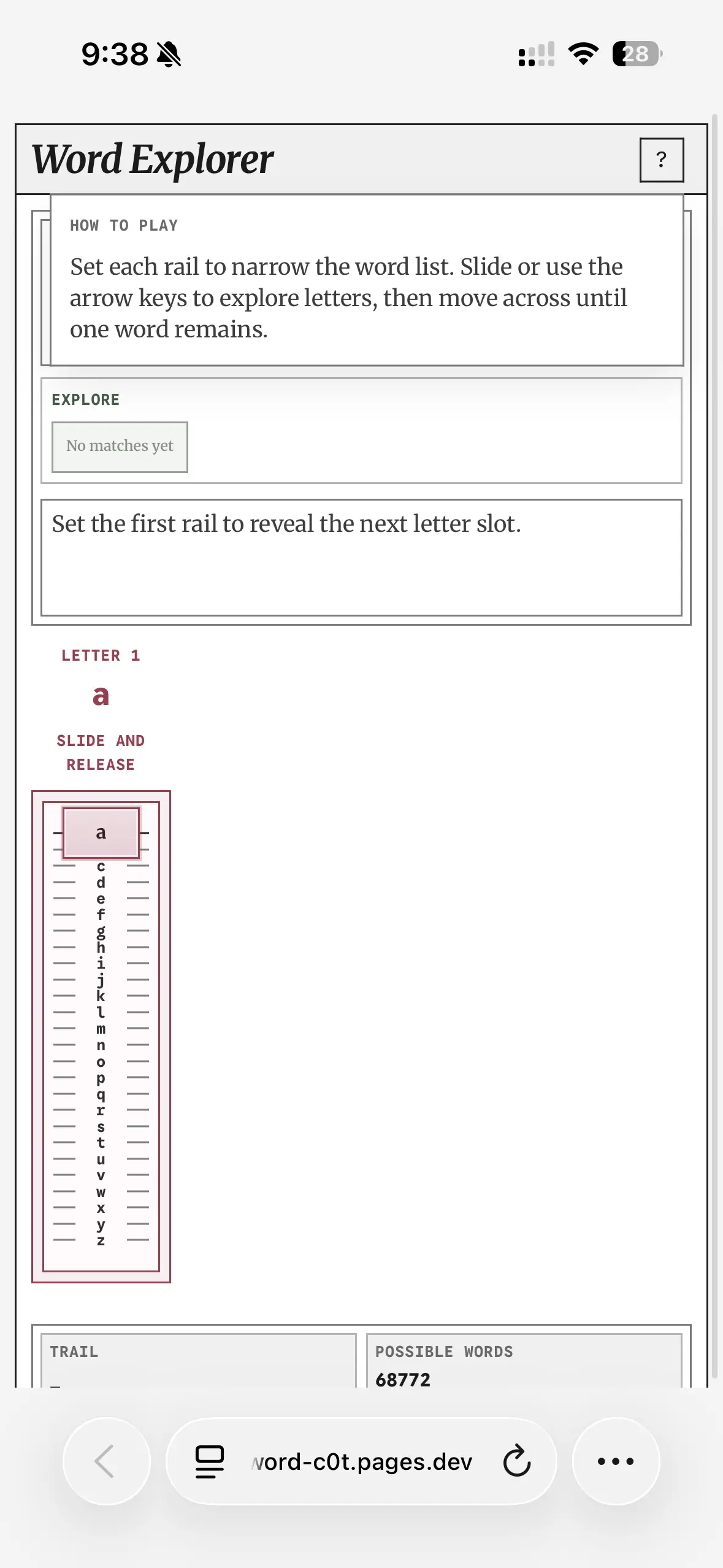 Word Explorer help button and guidance view