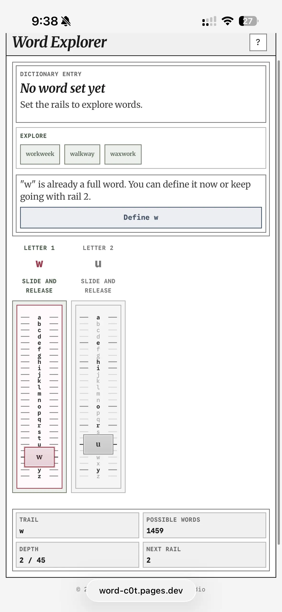Word Explorer letter rail after selecting W