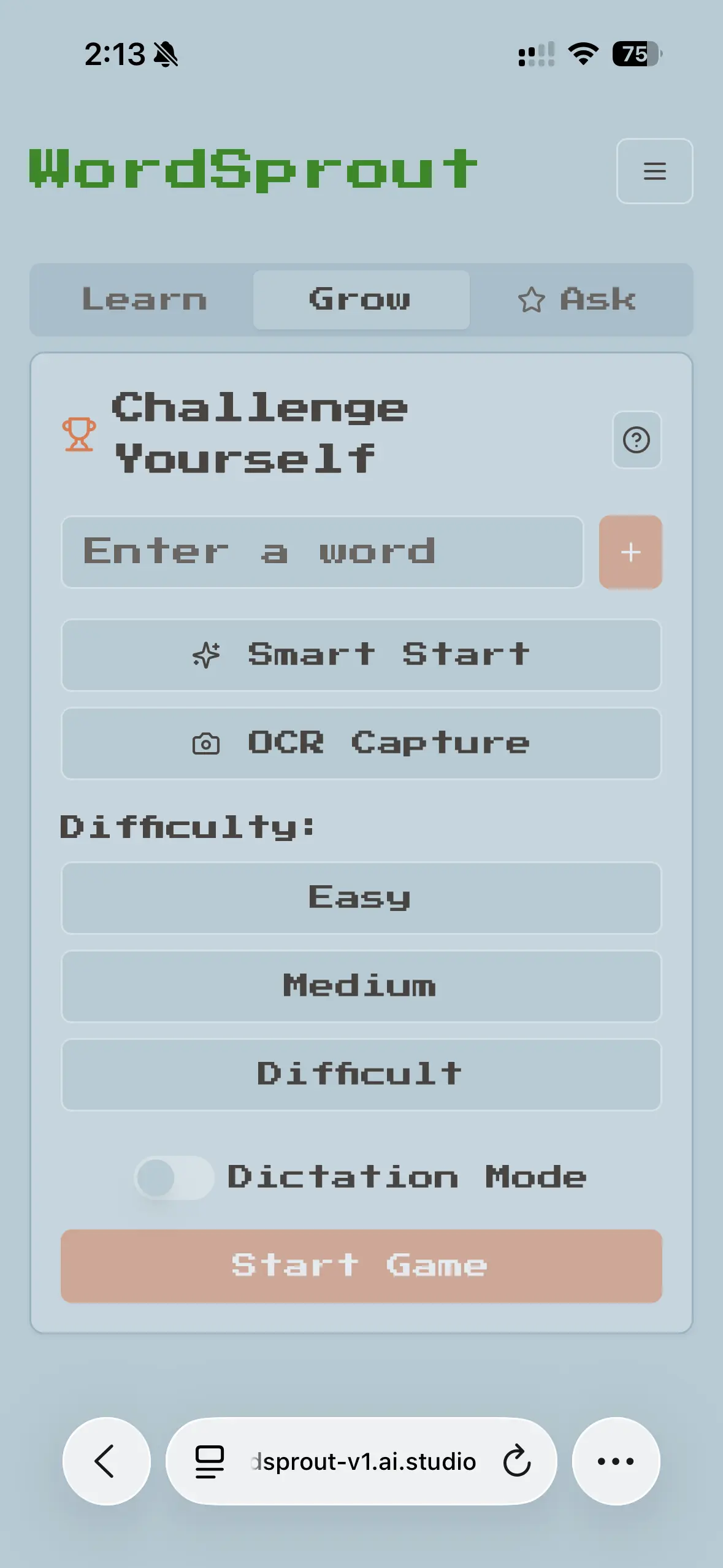 WordSprout Grow vocabulary challenge screen