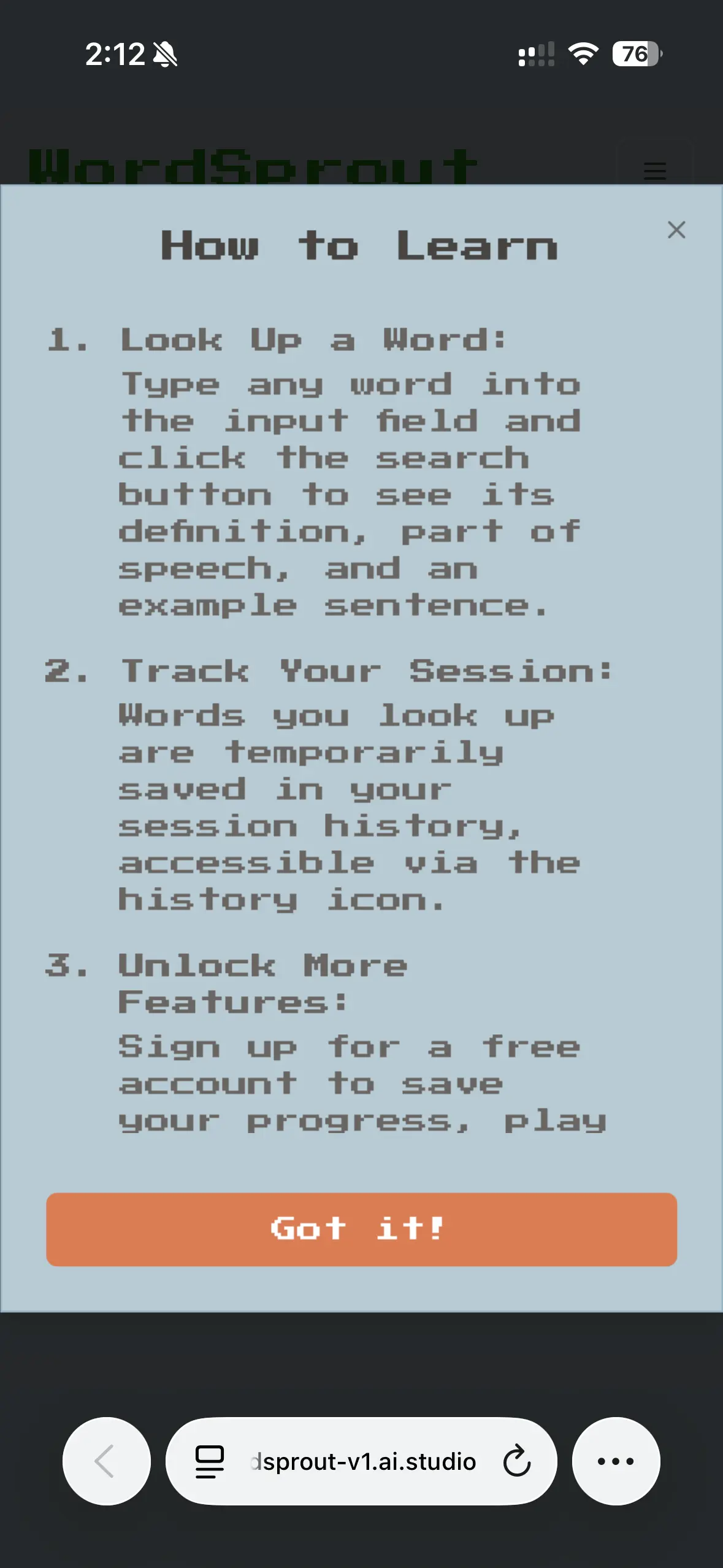 WordSprout learning instructions screen