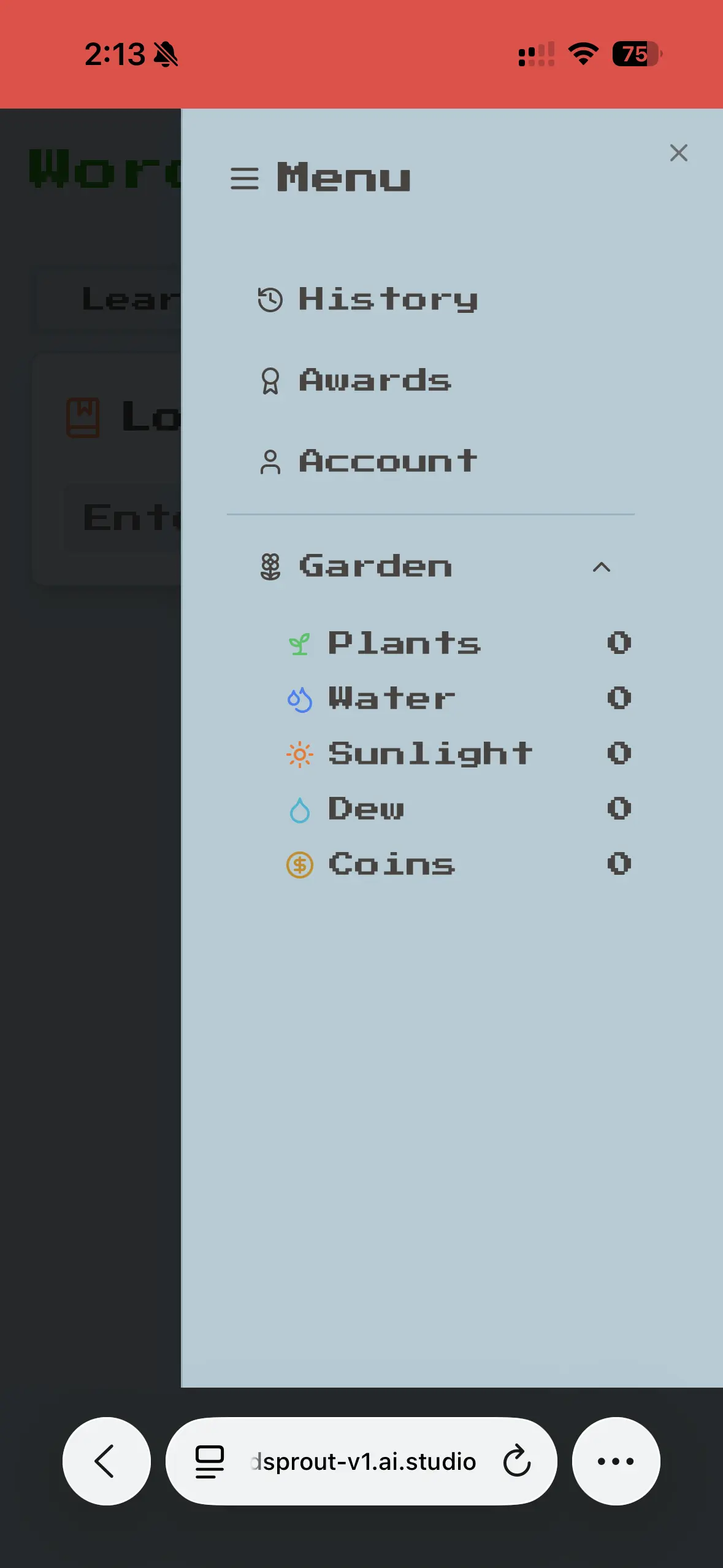 WordSprout navigation menu for signed-in learners