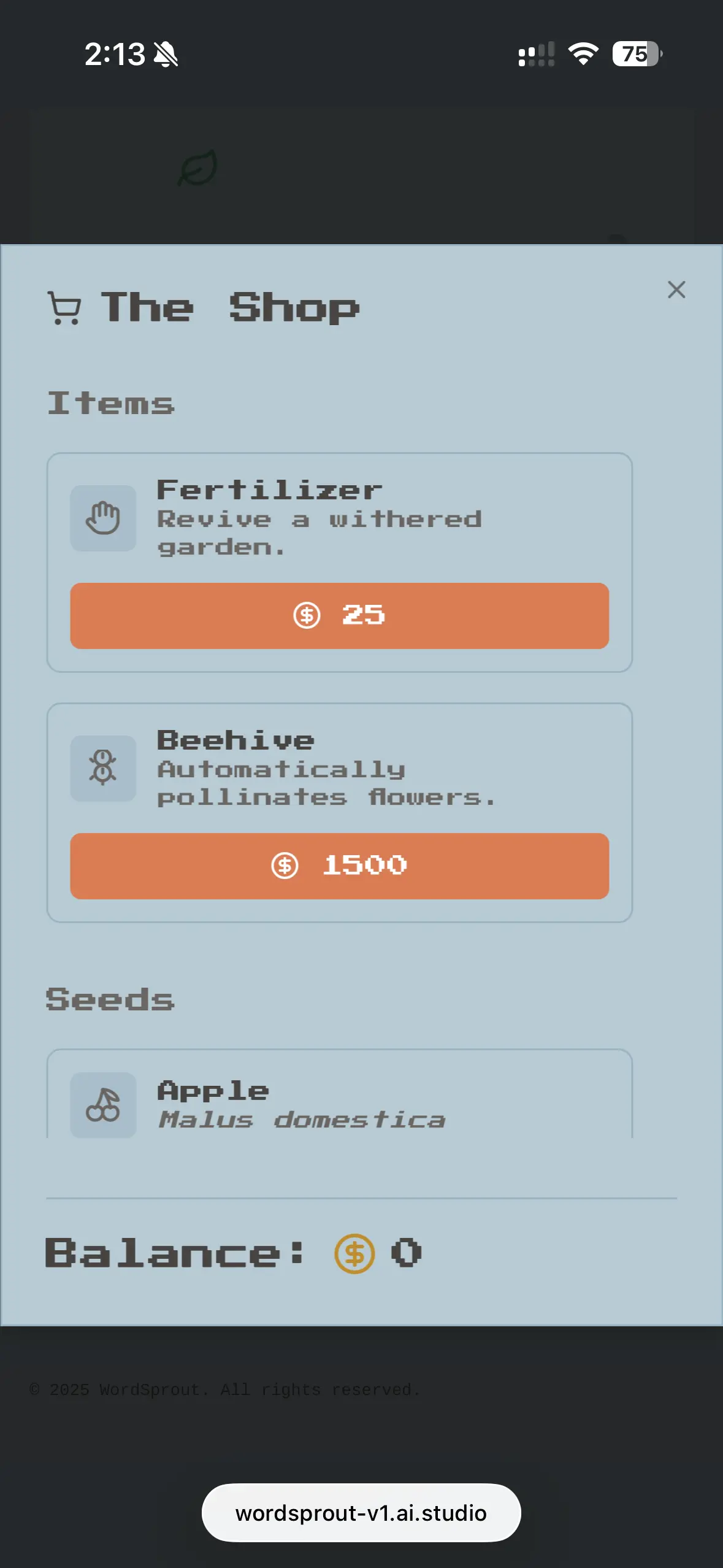 WordSprout garden item shop screen