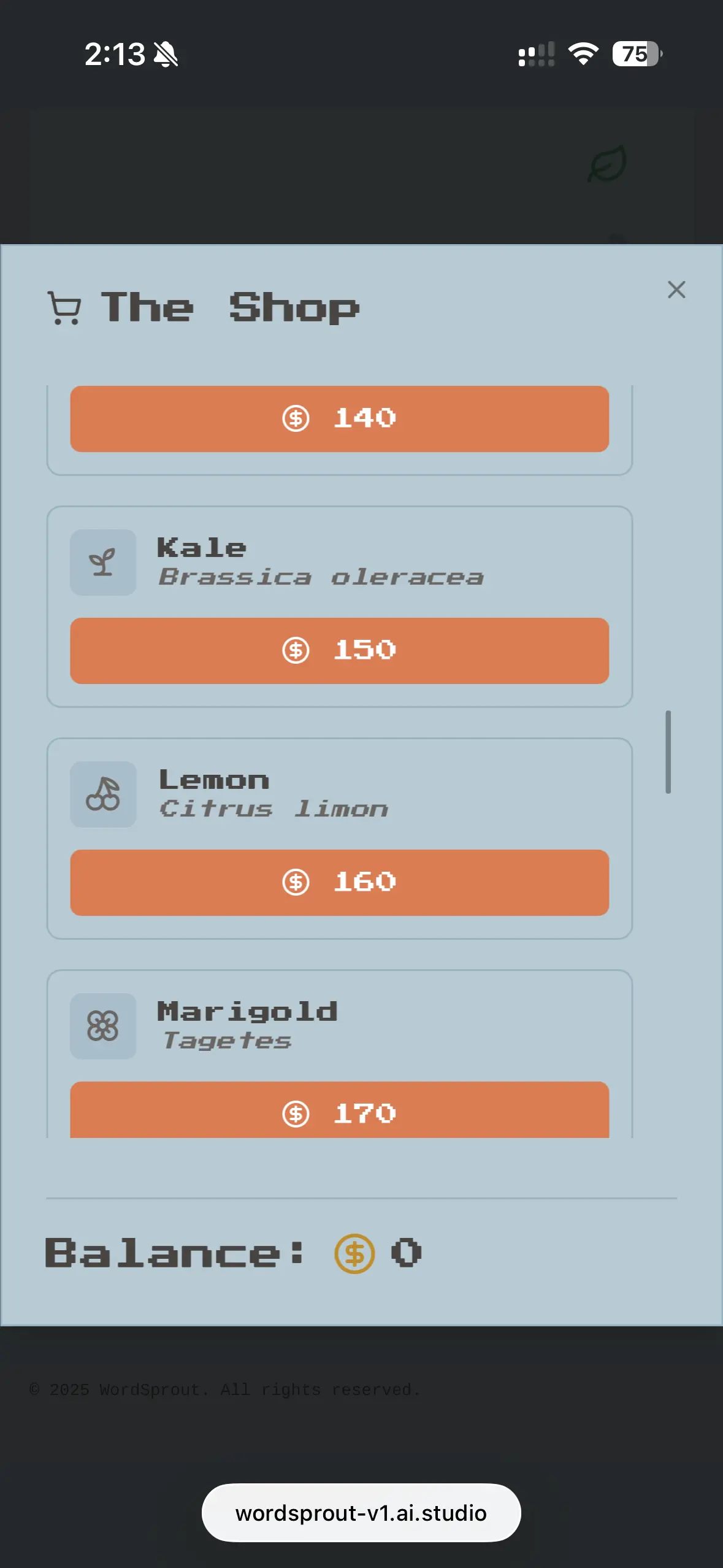 WordSprout garden seed shop screen